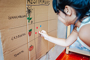 Ein Mädchen klebt einen Punkt auf eine große Pappe. Dort steht "Abstimmung" und drei Auswahlmöglichkeiten als Text und Bild: Sonnenblume, Erdbeere und Tomate. Das Mädchen klebt ihren Punkt bei "Erdbeere" auf, die einzige Kategorie mit Klebepunkten.
