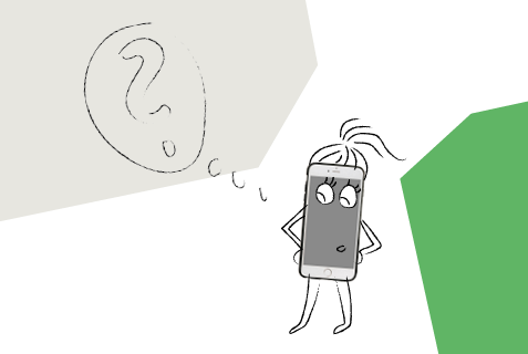 Ein Smartphone skizziert als weibliche Person mit einer Gedankenblase, in der ein Fragezeichen ist.