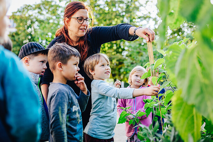 Kinder und Pädagogin messen Pflanzen im Kitagarten