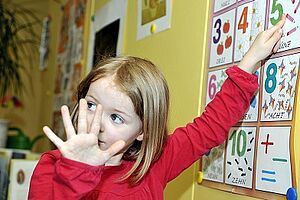 Ein Mädchen zeigt mit einer Hand auf eine fünf an der Wand und mit der anderen zeigt sie fünf Finger.