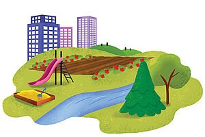 Bunte Illustration, auf dem ein Fluss, ein Spielplatz und die Skyline einer Stadt abgebildet sind.