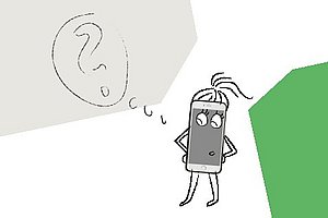 Ein Smartphone skizziert als weibliche Person mit einer Gedankenblase, in der ein Fragezeichen ist.