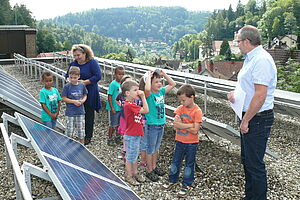 Mädchen und Jungen aus der Kita betrachten eine Photovoltaikanlage.